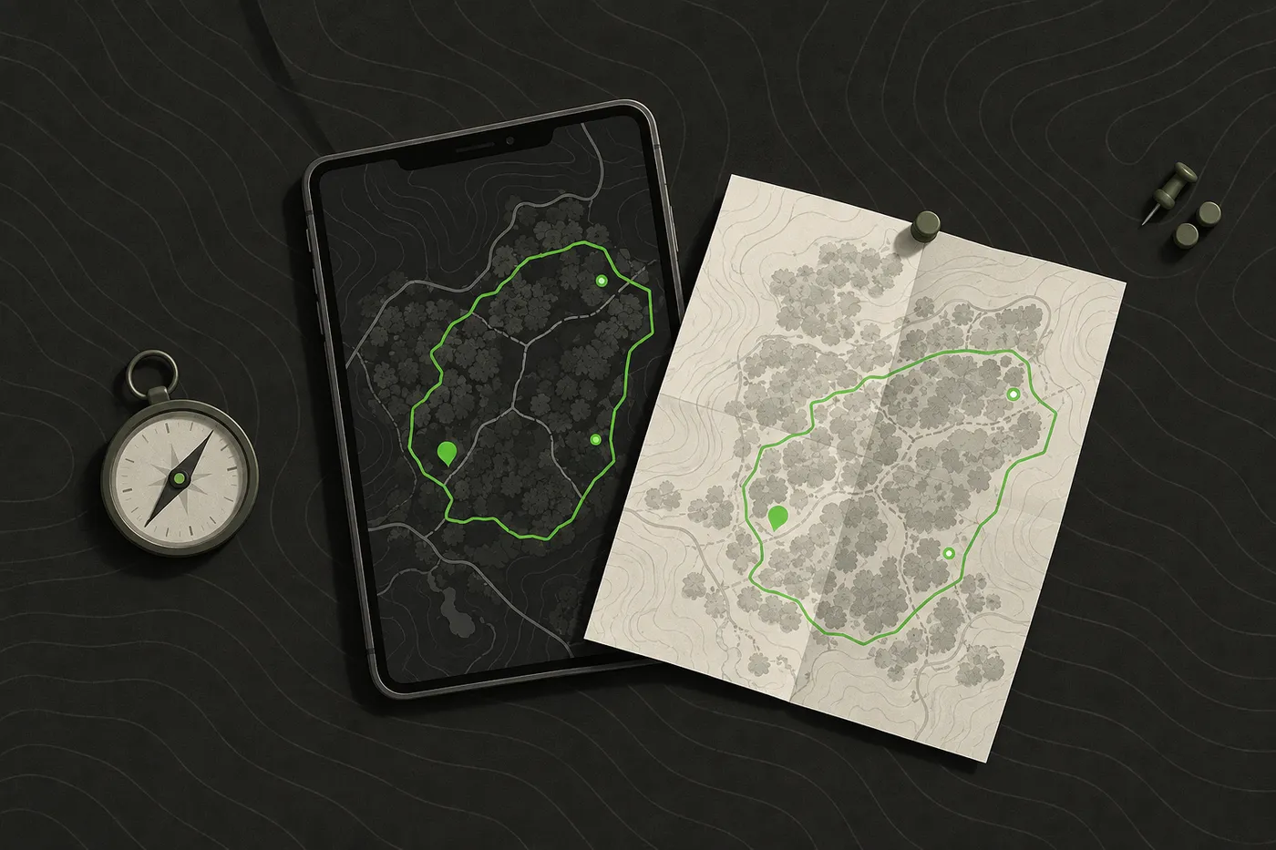A printed field map pinned over a digital map of the same area with a green boundary outline