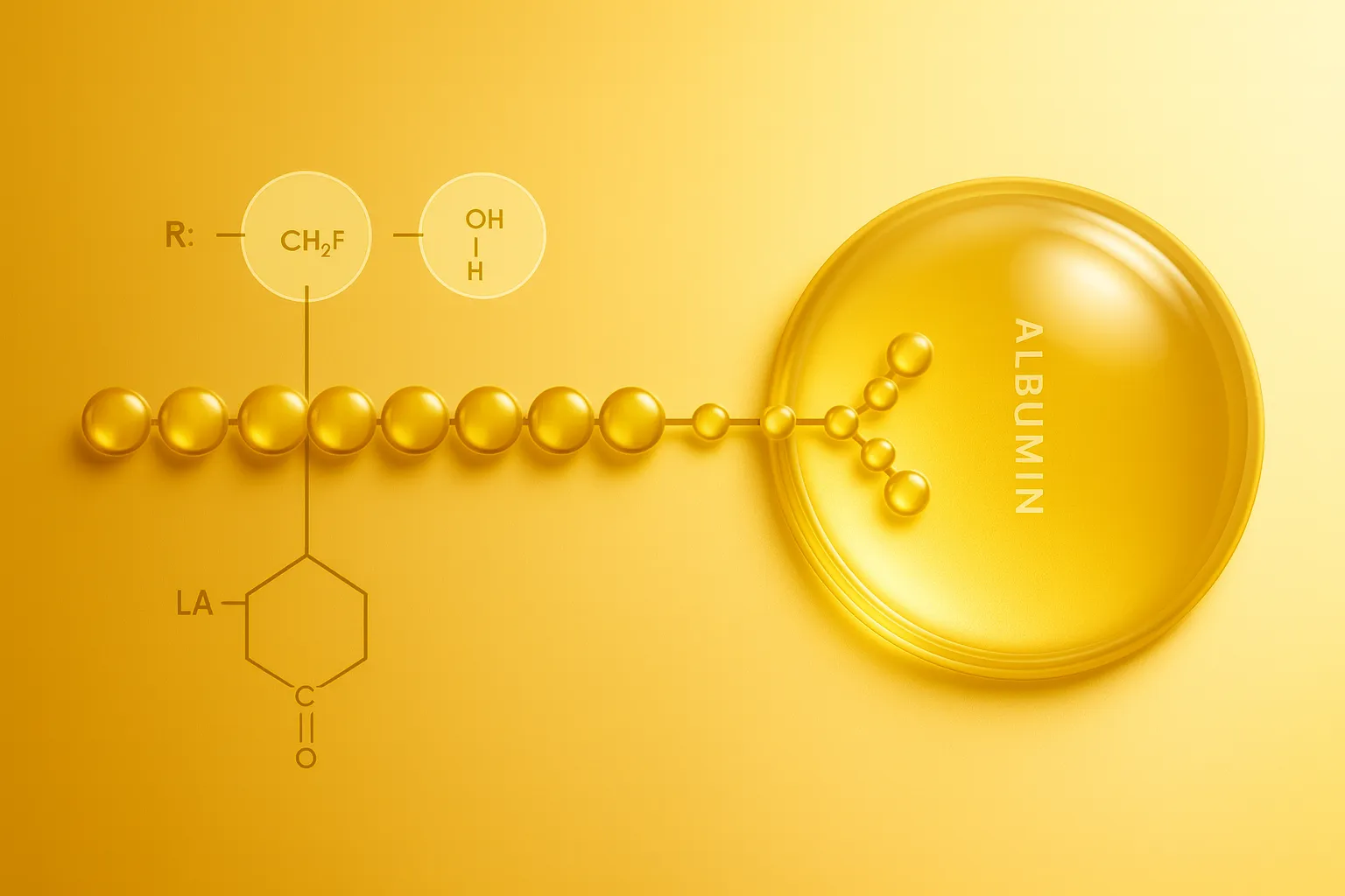 Diagram of a modified peptide chain with a fatty acid tail attached to an albumin protein