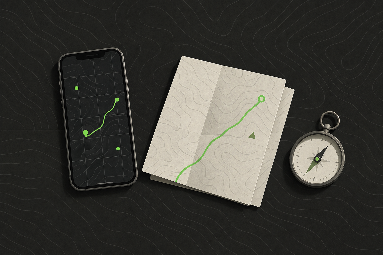 A paper map and compass next to a phone showing a map grid
