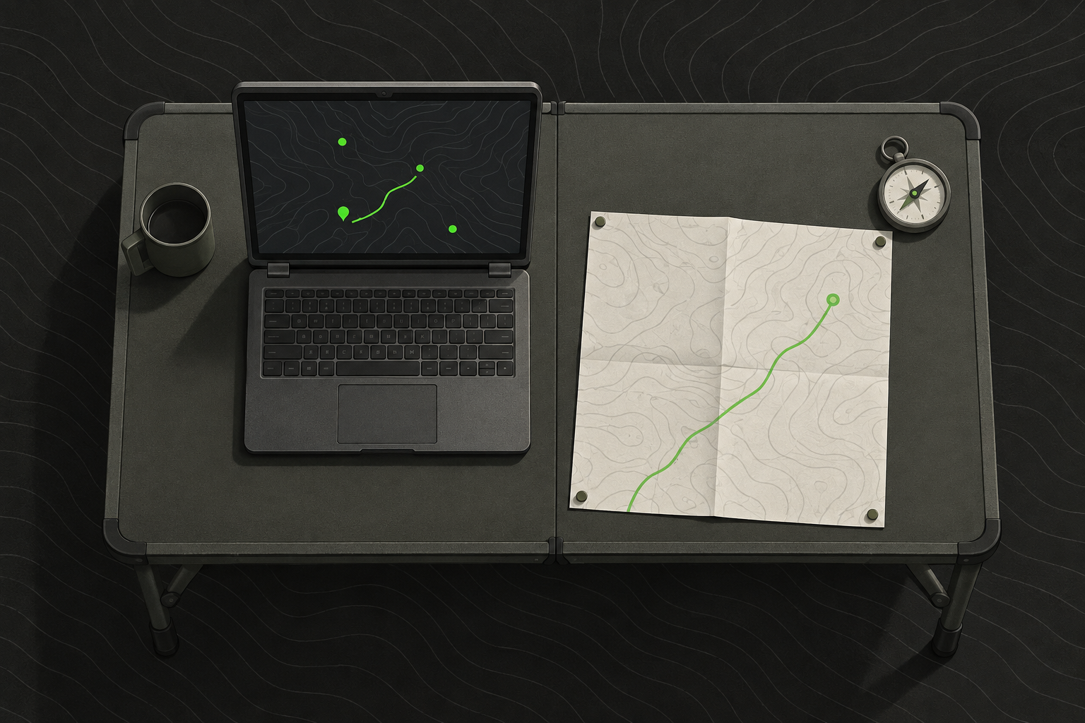 A laptop on a folding table showing team positions next to a printed field map