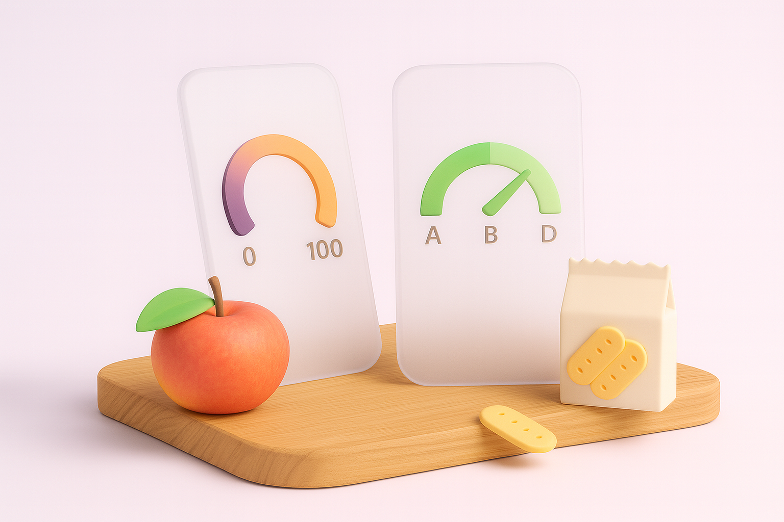 Two abstract phone-shaped scoring tiles, one a numeric dial and one a letter grade, beside grocery items
