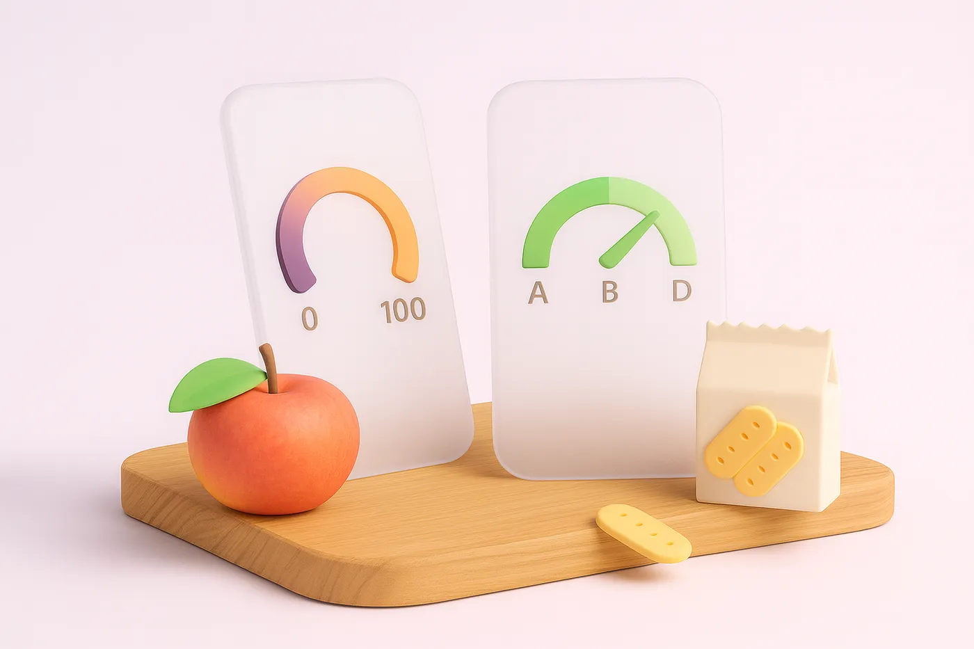 Two abstract phone-shaped scoring tiles, one a numeric dial and one a letter grade, beside grocery items