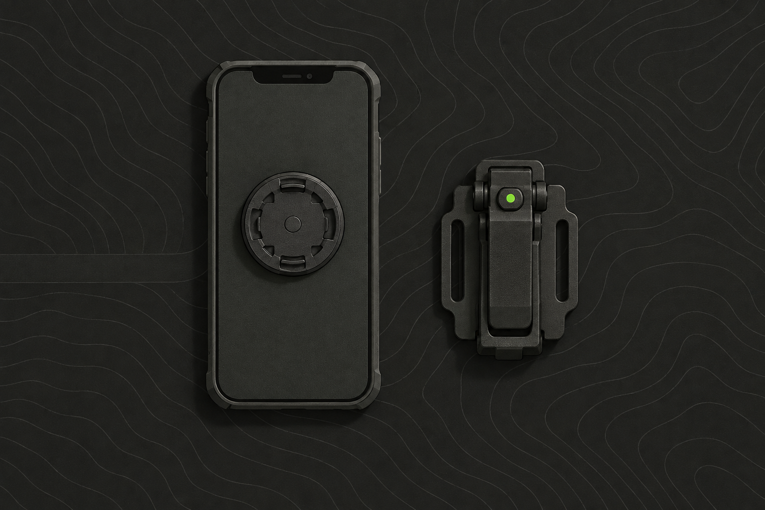 A phone case with a mounting plate on a table beside an empty quick-release mount clip