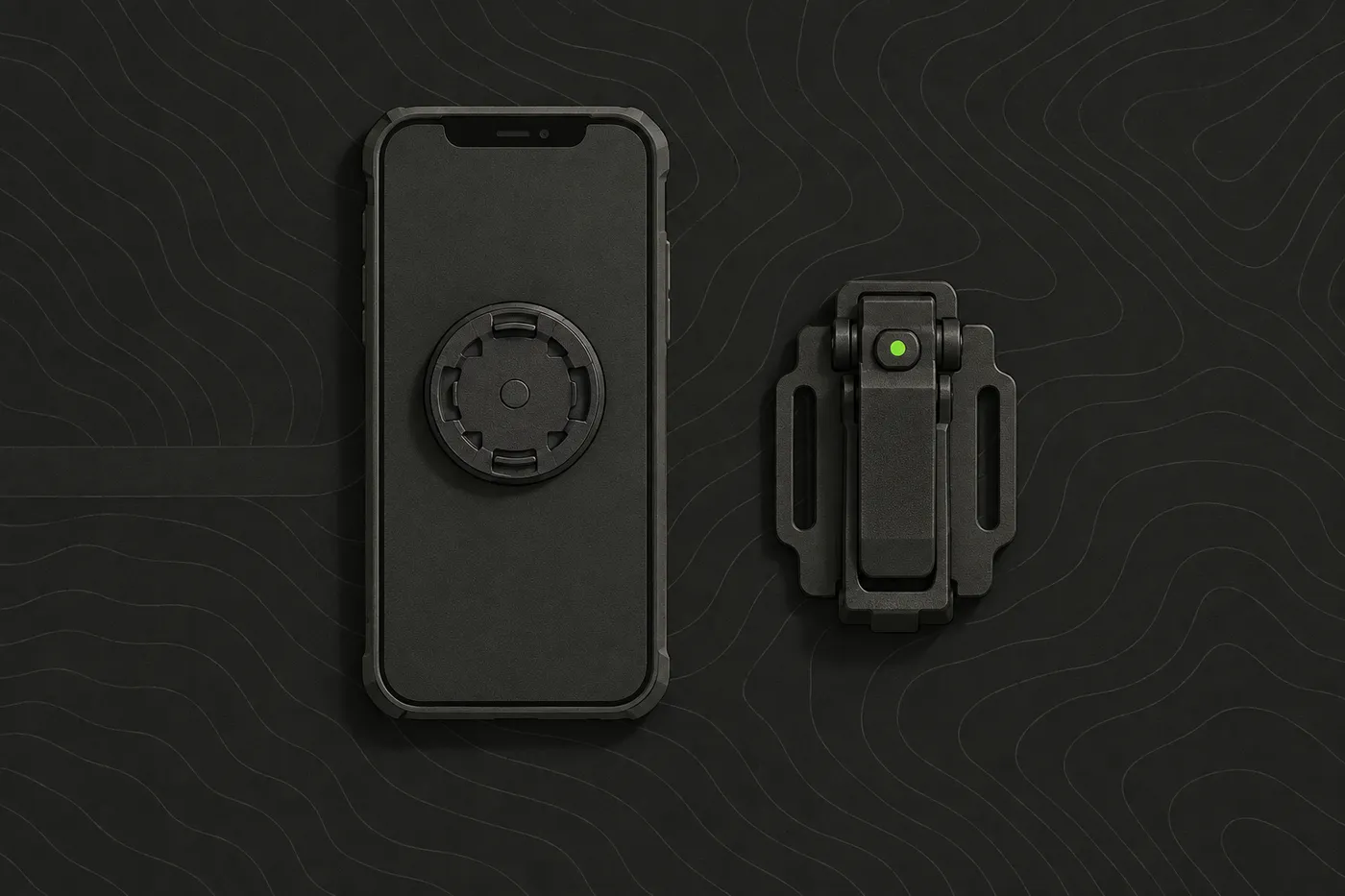 A phone case with a mounting plate on a table beside an empty quick-release mount clip