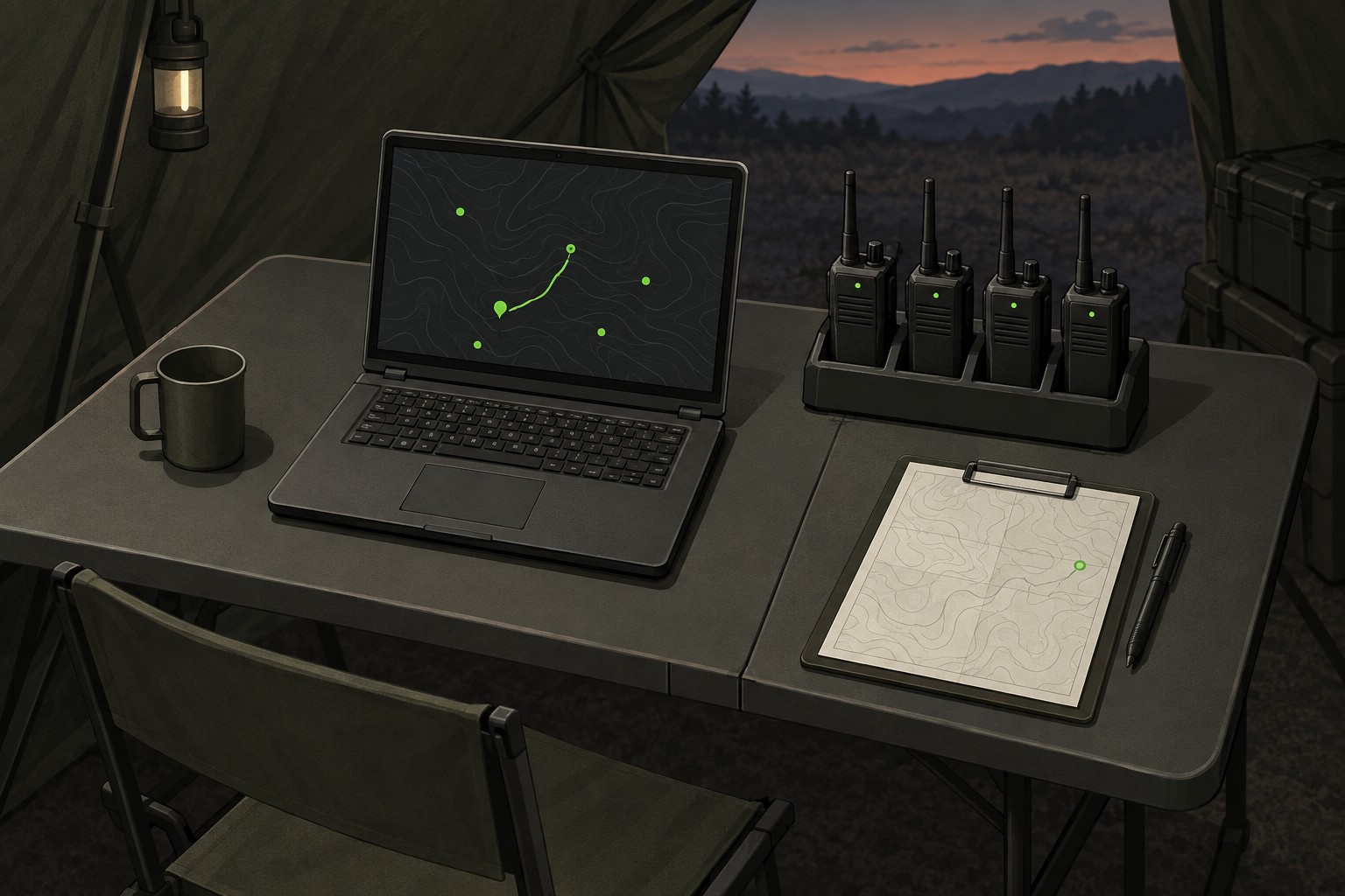 A command tent table with a laptop showing an abstract map, a row of charging radios and a clipboard