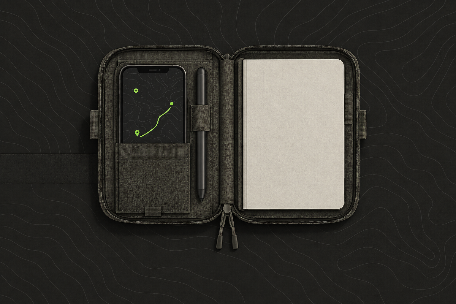 An open admin pouch with a blank notebook, a stylus and a phone showing a map with a green route