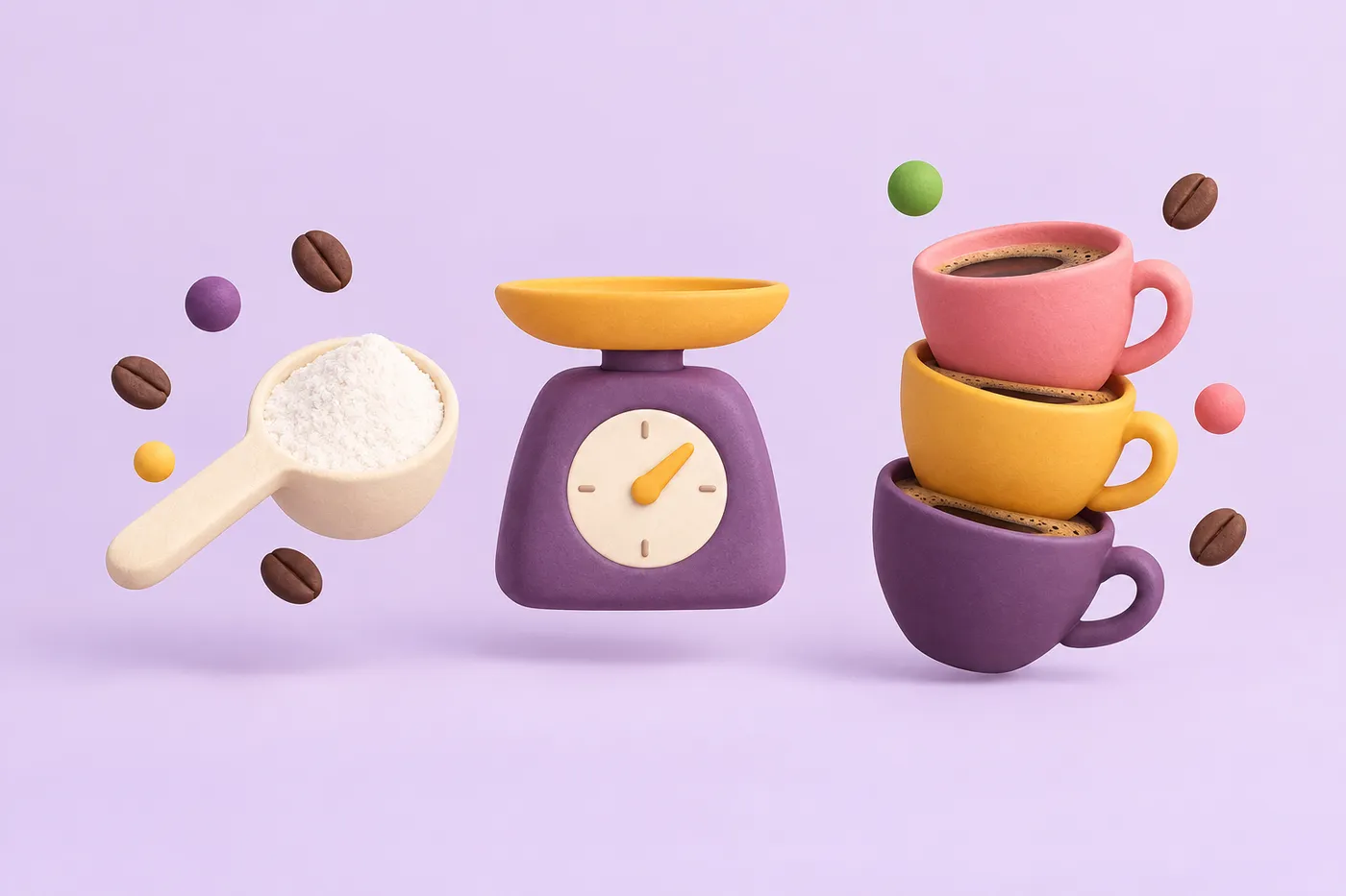 A measuring spoon of powder beside stacked coffee cups with a scale icon