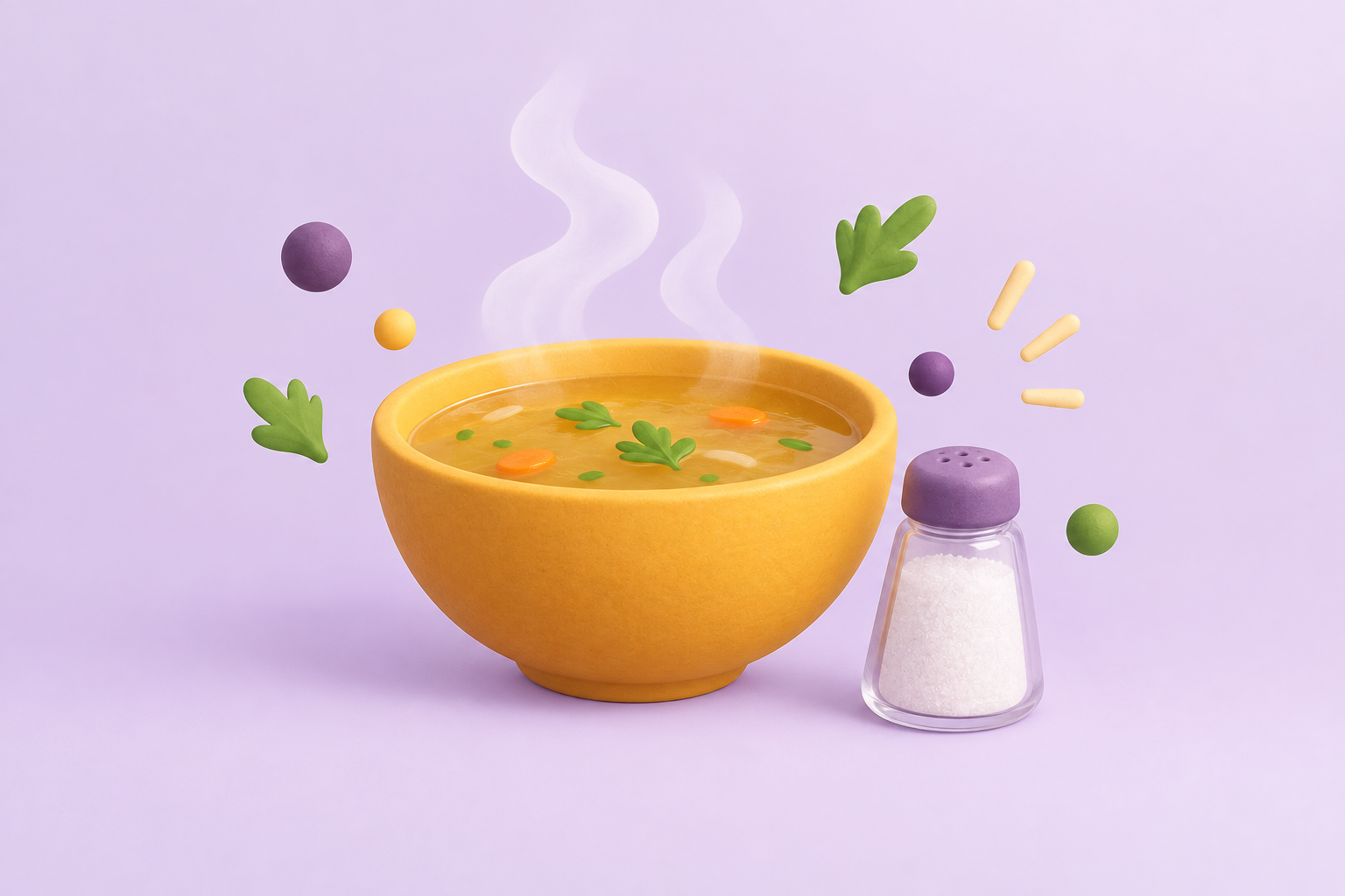 A bowl of broth with a shaker of seasoning crystals beside it