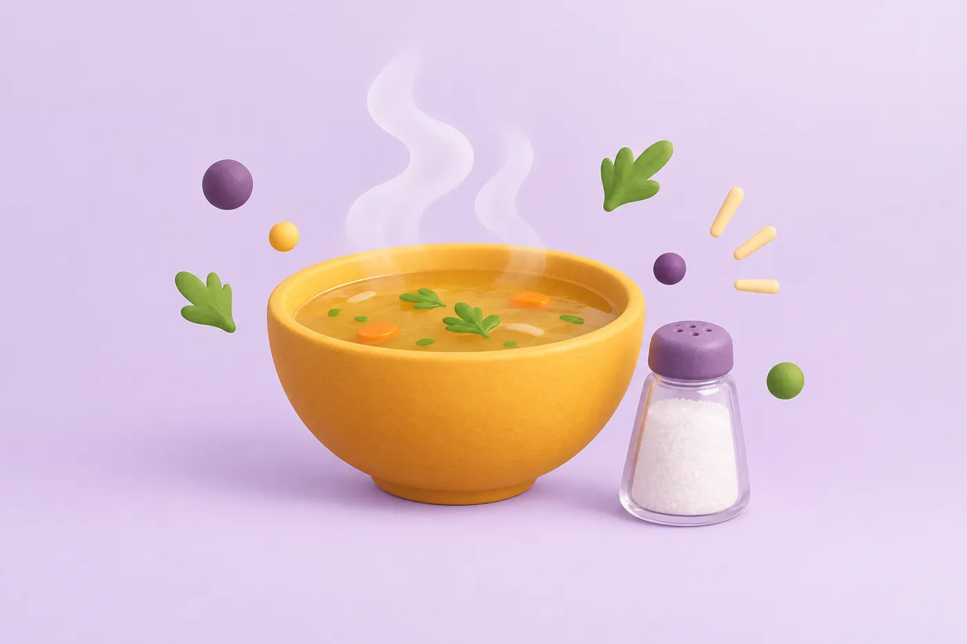 A bowl of broth with a shaker of seasoning crystals beside it