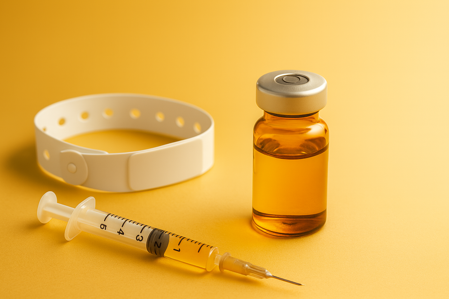 An unmarked injection vial beside a hospital wristband