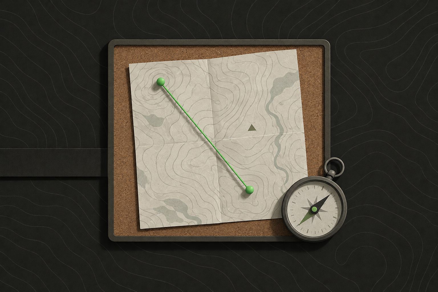 A printed field map with coloured pins and string marking routes, a compass on the corner