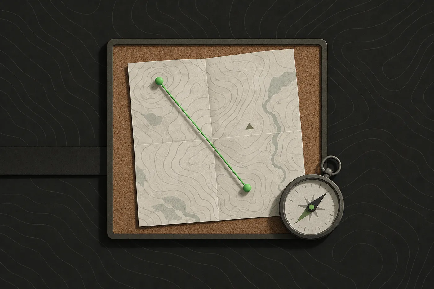 A printed field map with coloured pins and string marking routes, a compass on the corner