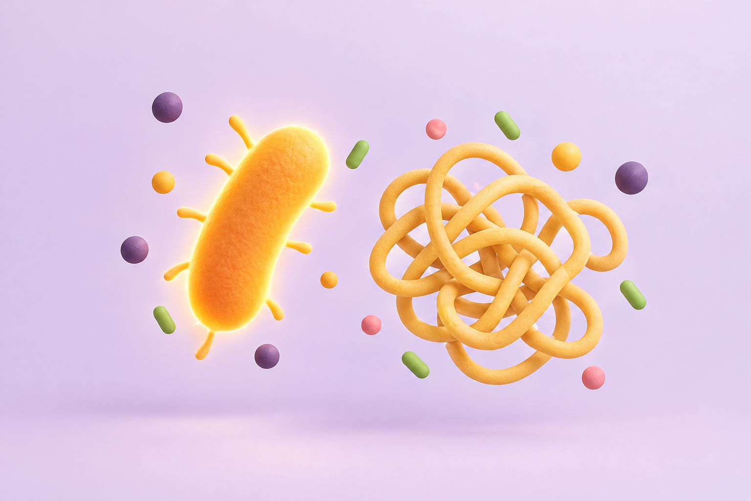 A stylized bacterium beside a thread representing a polysaccharide chain