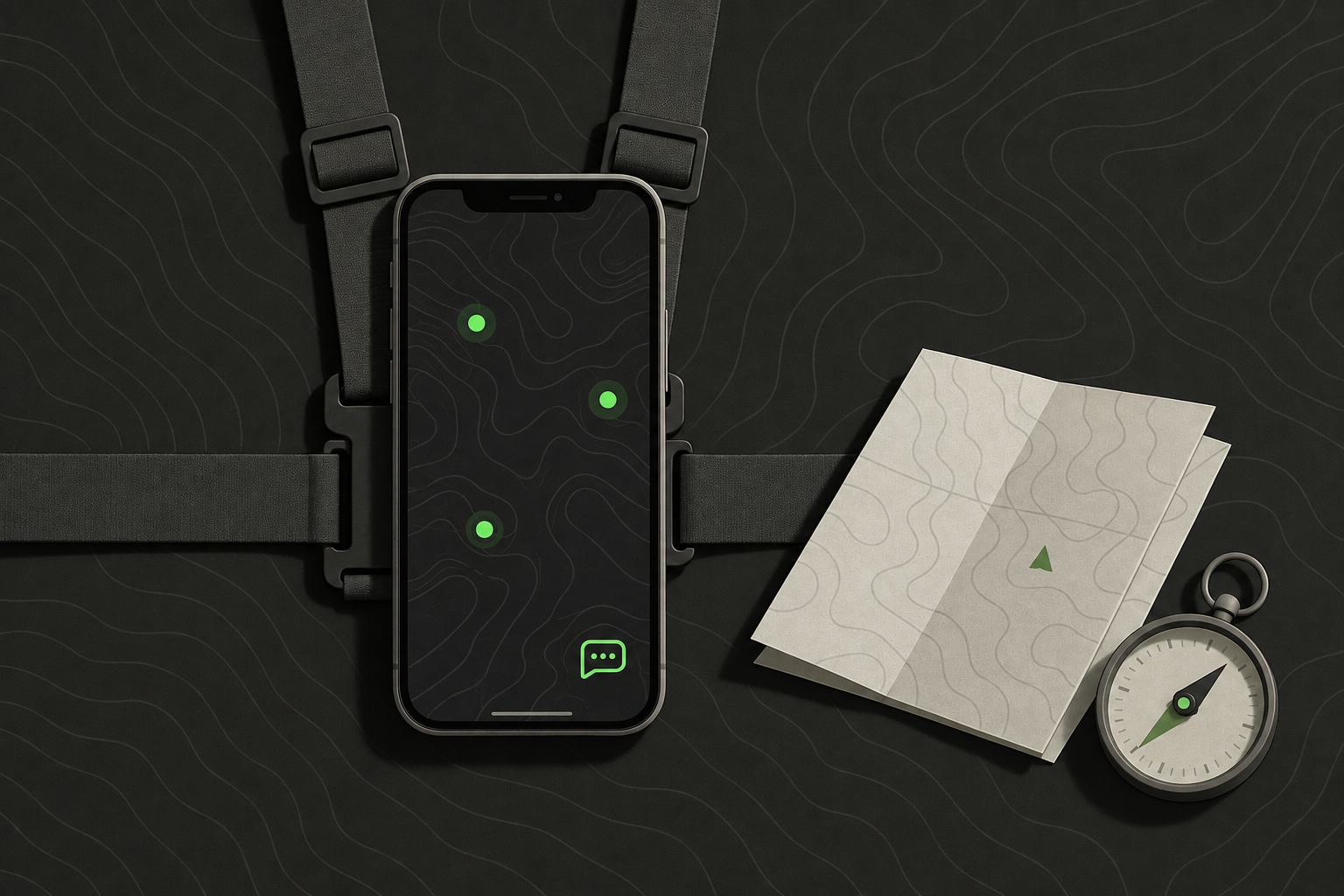 A phone on a chest rig showing squad positions and a chat message on a shared map