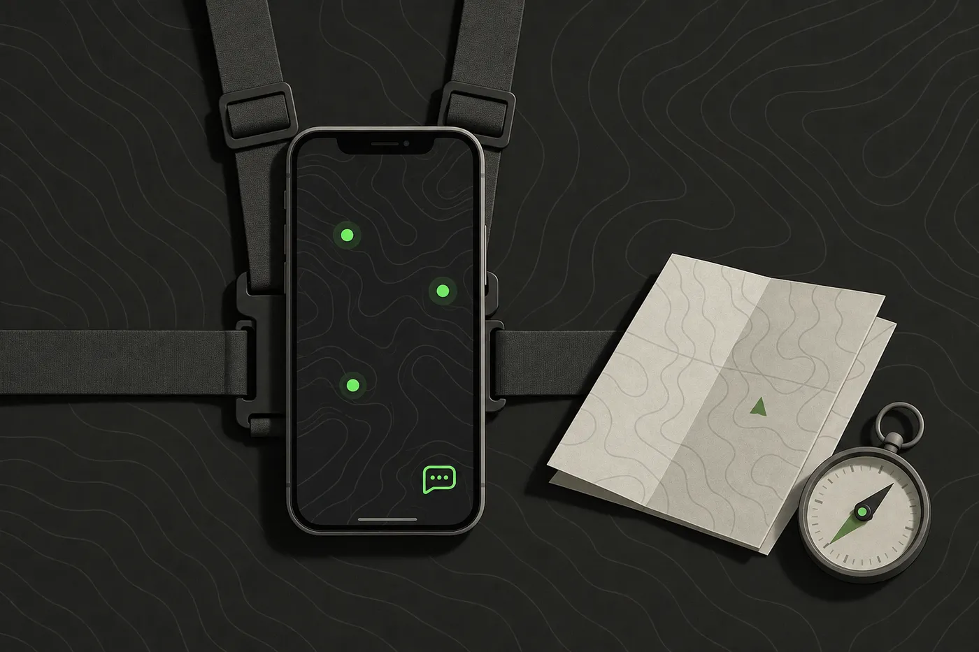 A phone on a chest rig showing squad positions and a chat message on a shared map