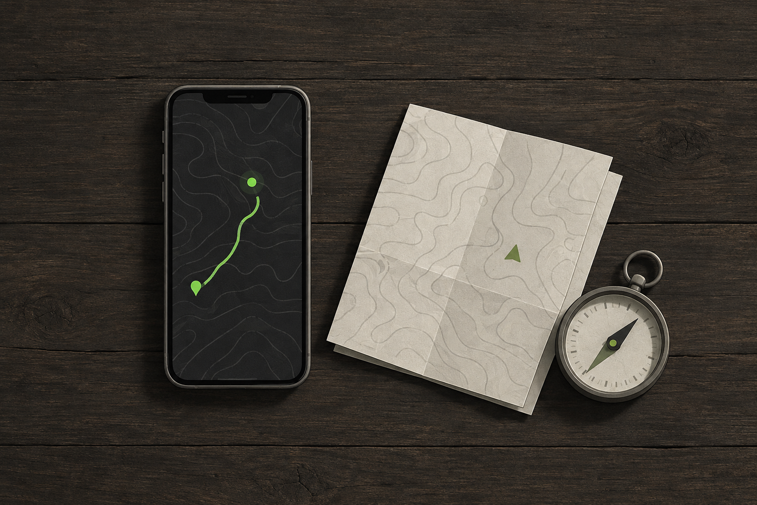 A paper map and compass next to a phone showing a map with a green position marker