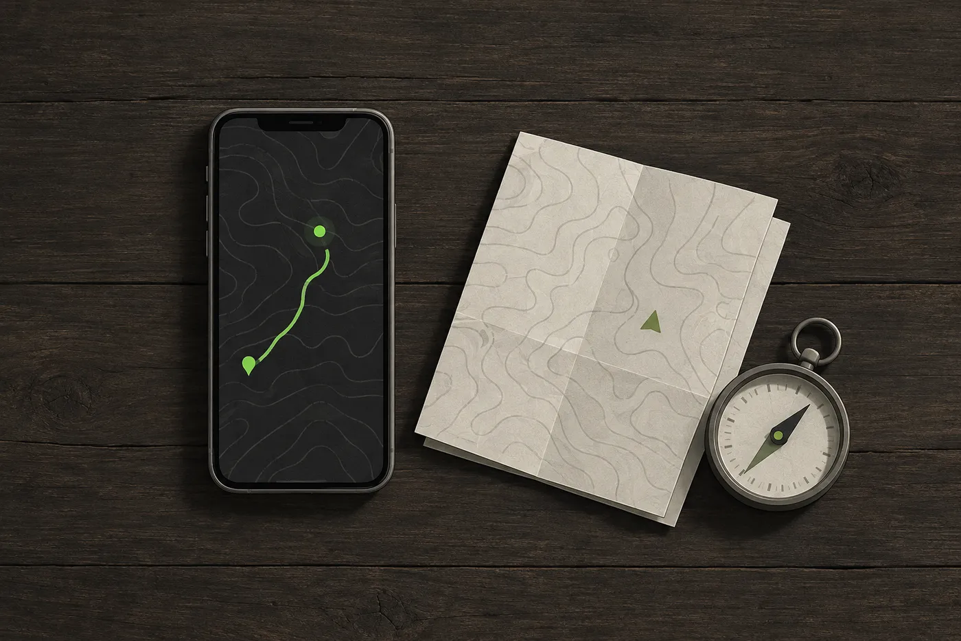 A paper map and compass next to a phone showing a map with a green position marker