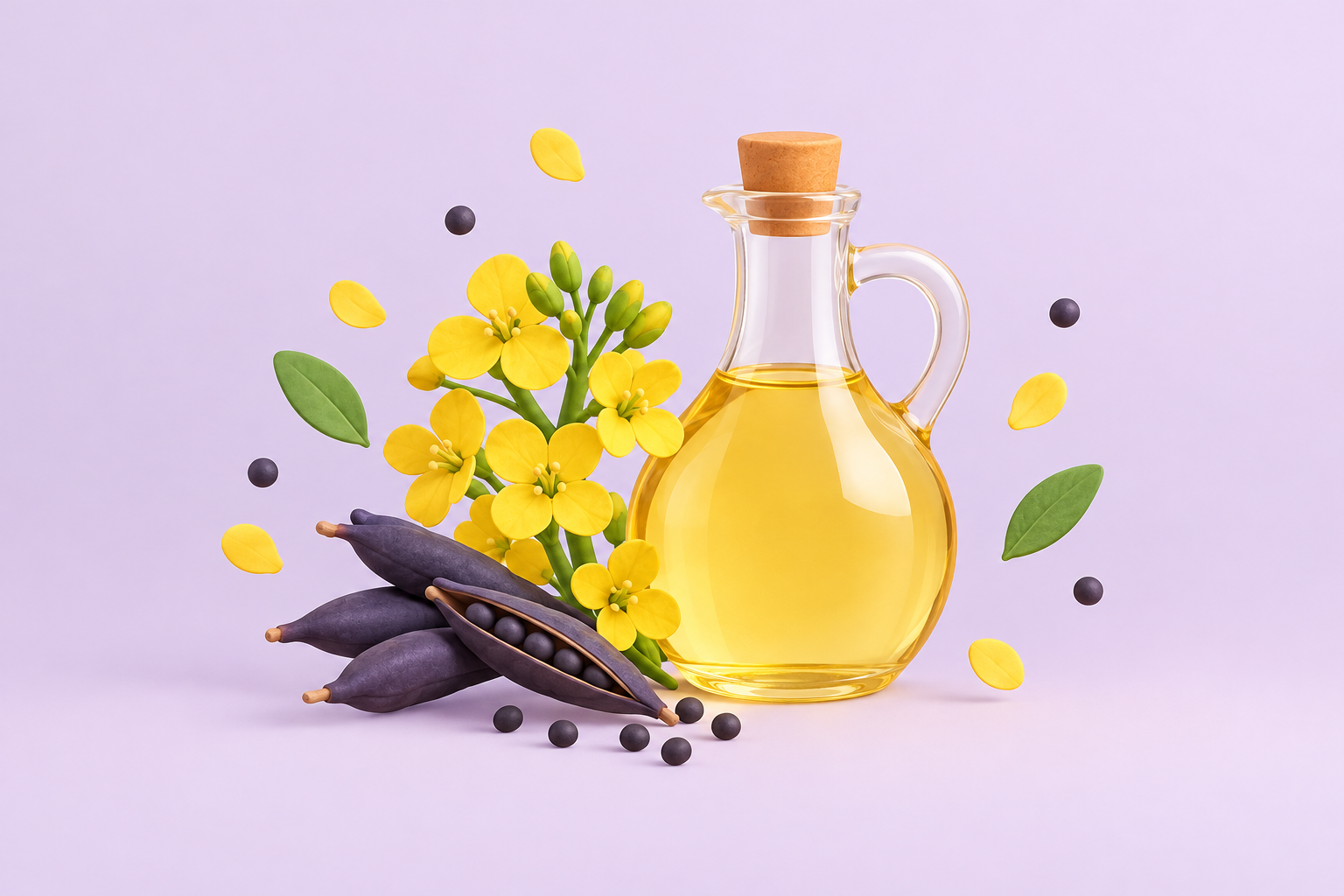 Rapeseed pods and flowers beside a bottle of pale golden oil