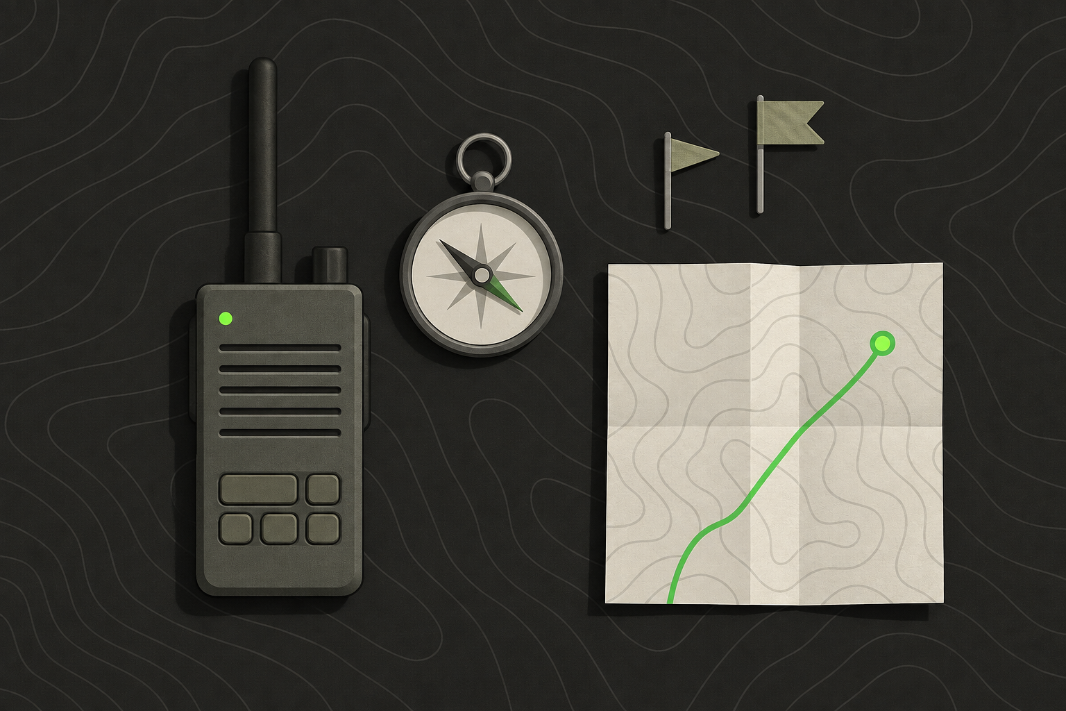 A radio, a compass, two marker flags and a folded map with a green route line