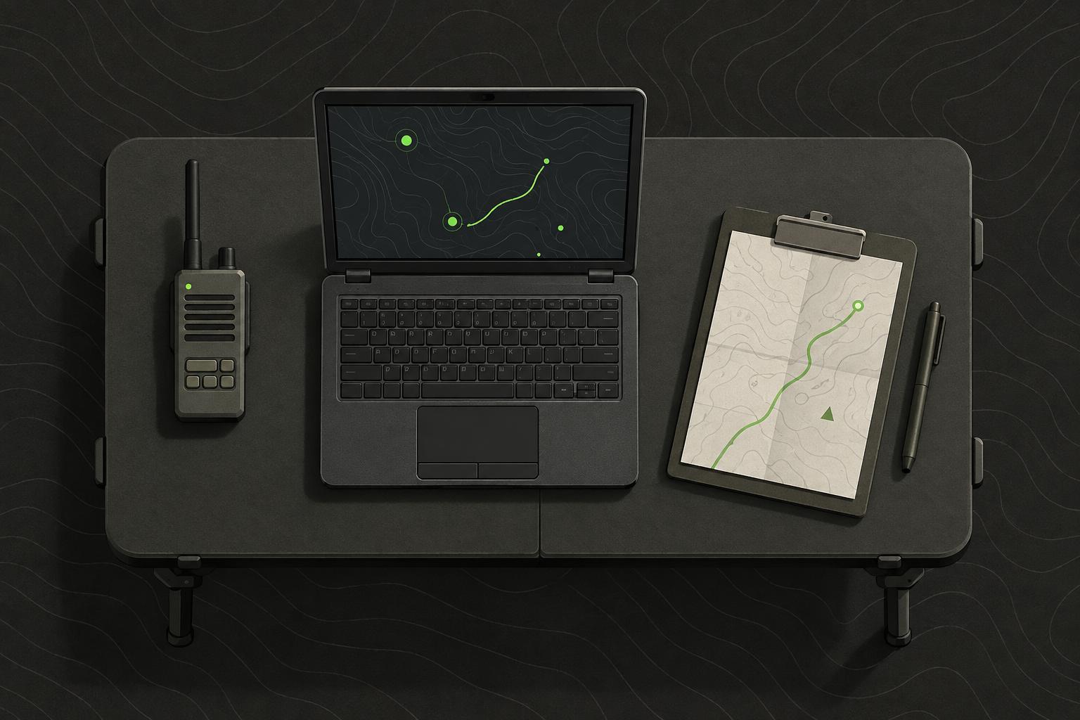 A laptop on a folding table showing an abstract dark map, with a handheld radio and a clipboard beside it