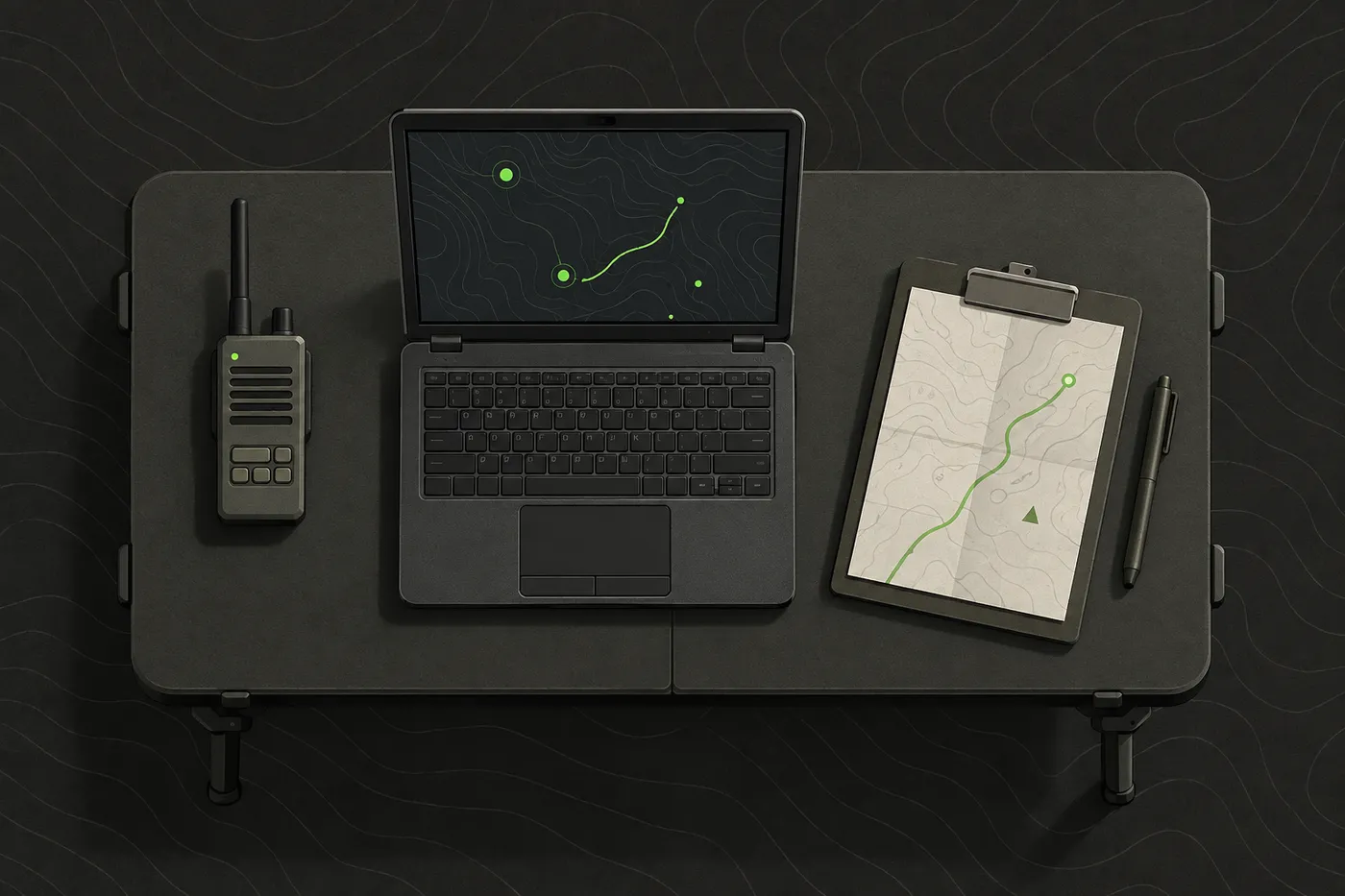 A laptop on a folding table showing an abstract dark map, with a handheld radio and a clipboard beside it