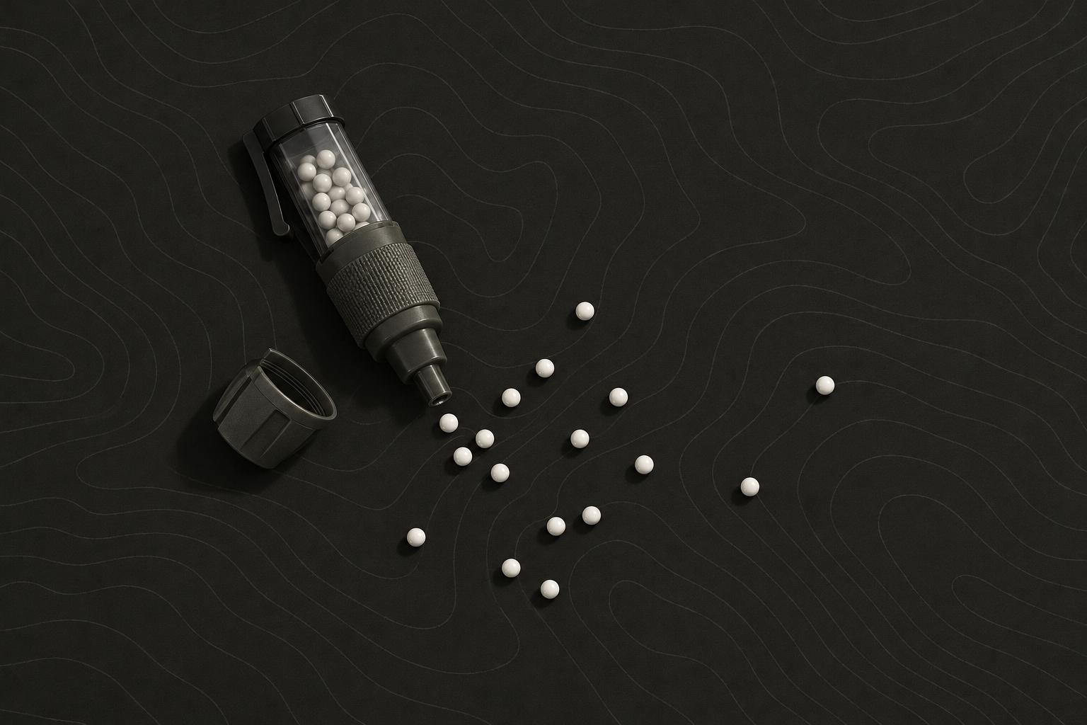 Airsoft BBs scattered on a dark tabletop beside a speedloader