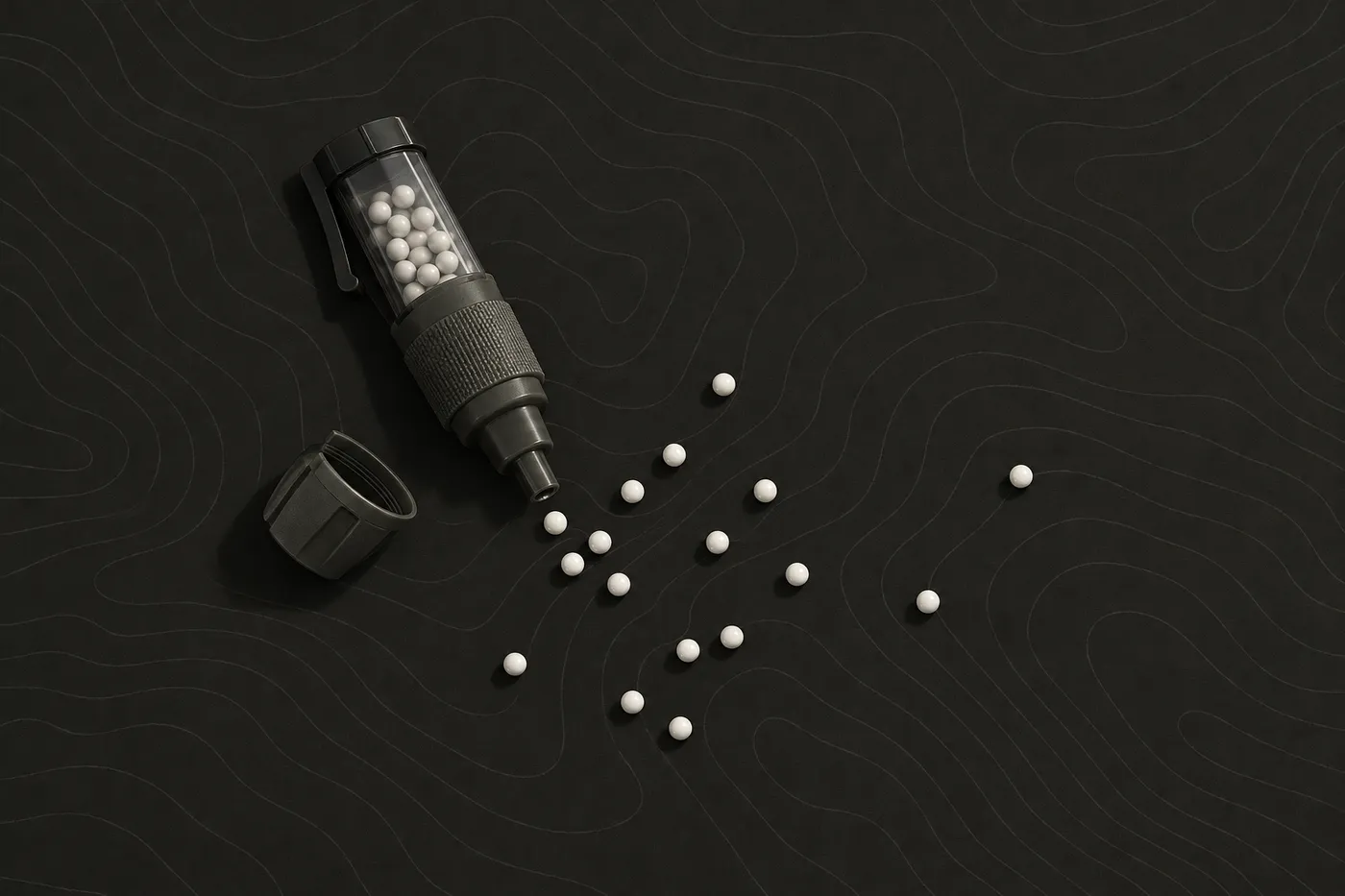 Airsoft BBs scattered on a dark tabletop beside a speedloader