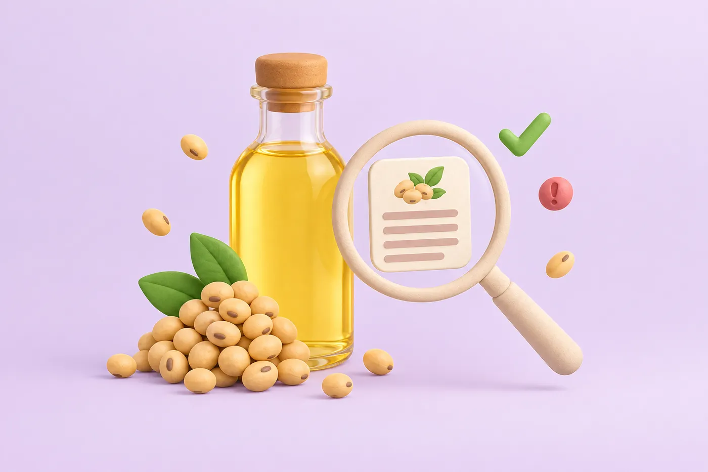 A bottle of soybean oil and raw soybeans next to a blank ingredient label under a magnifying lens