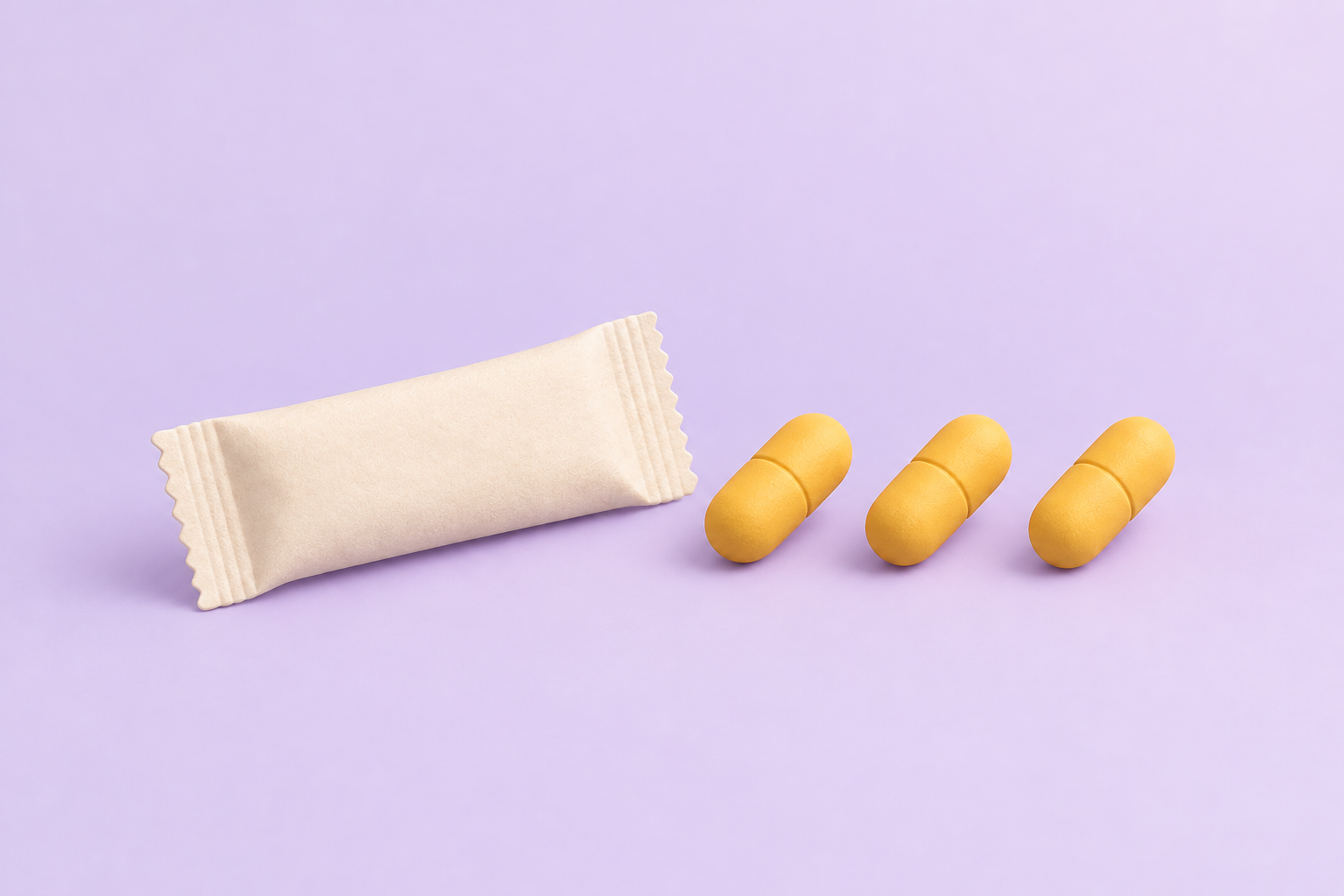 A sugar packet beside three unlabeled capsules