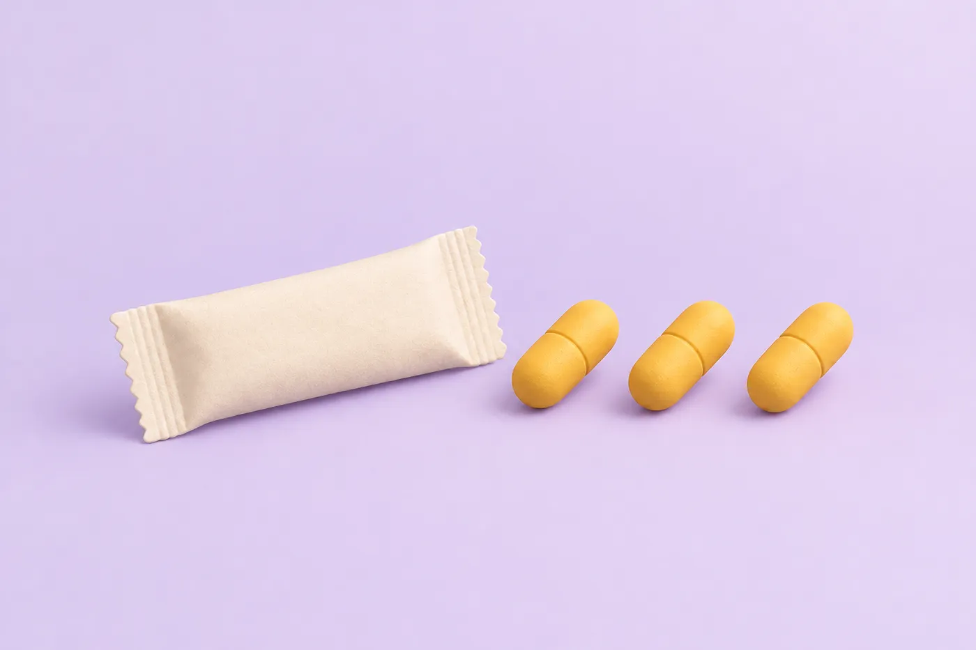 A sugar packet beside three unlabeled capsules