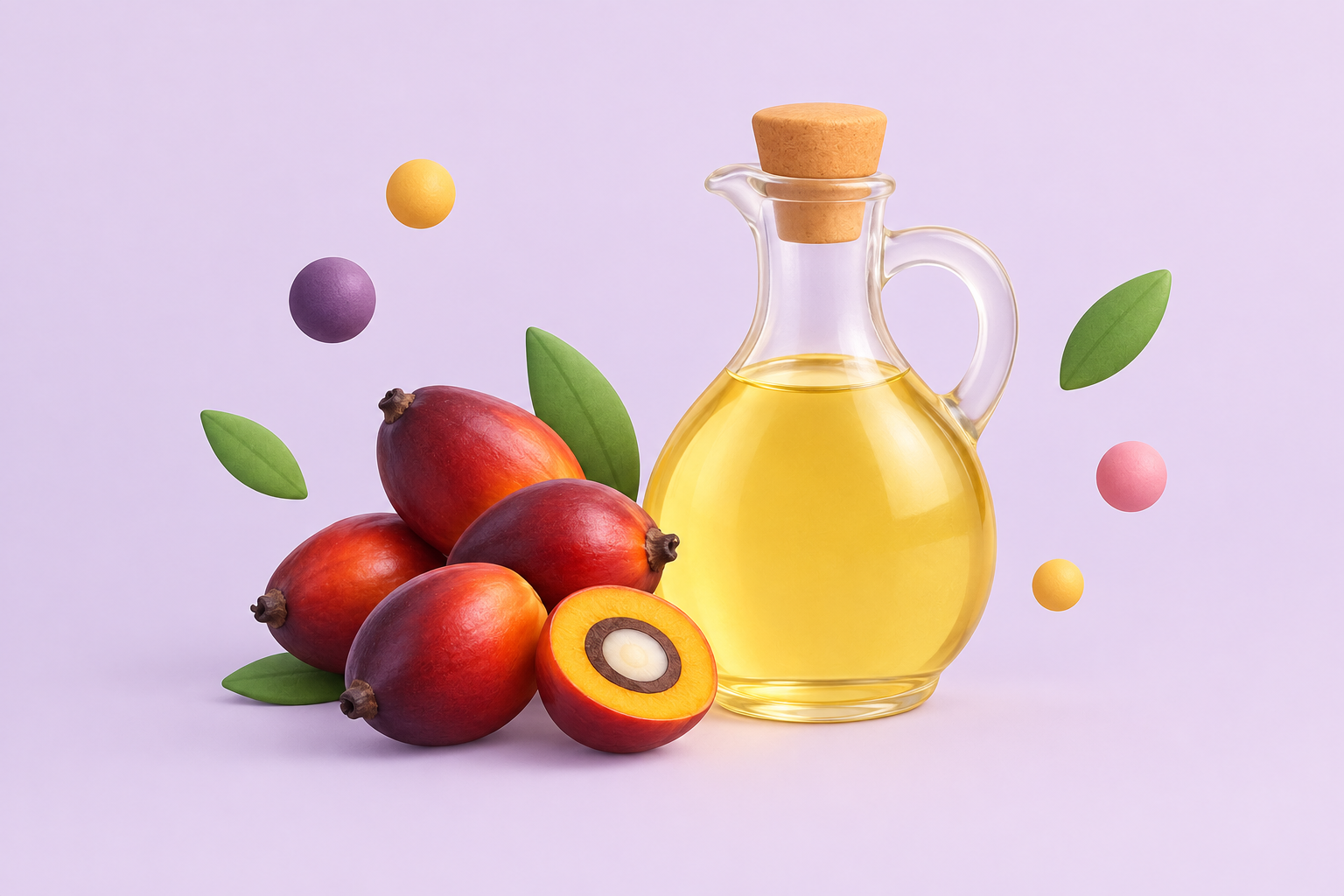 A glass bottle of golden palm oil next to the red fruit cluster it comes from