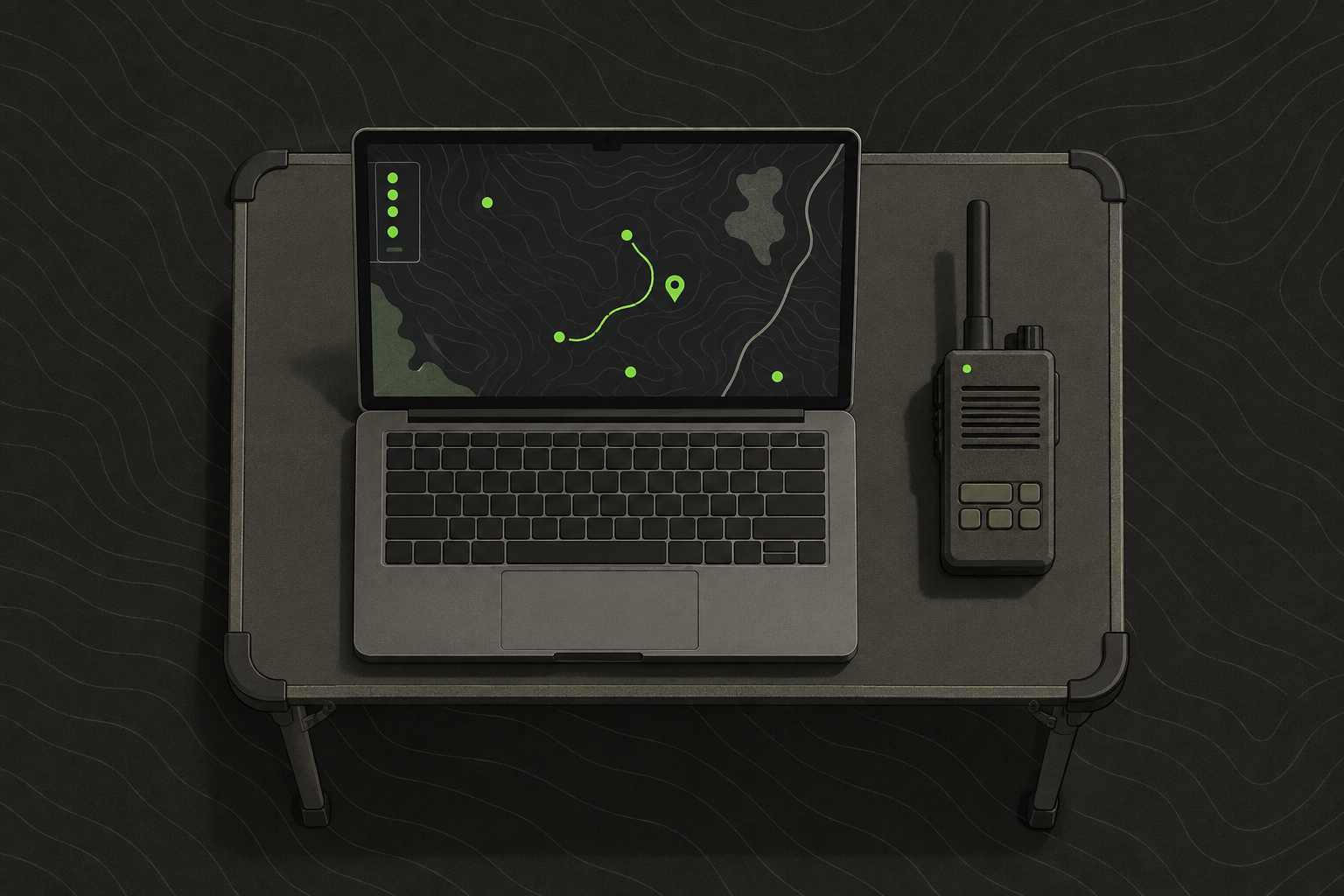 A laptop showing a live team map with several position markers, next to a radio on a folding table