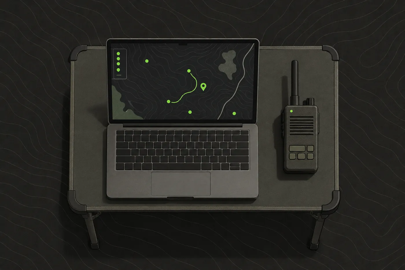 A laptop showing a live team map with several position markers, next to a radio on a folding table