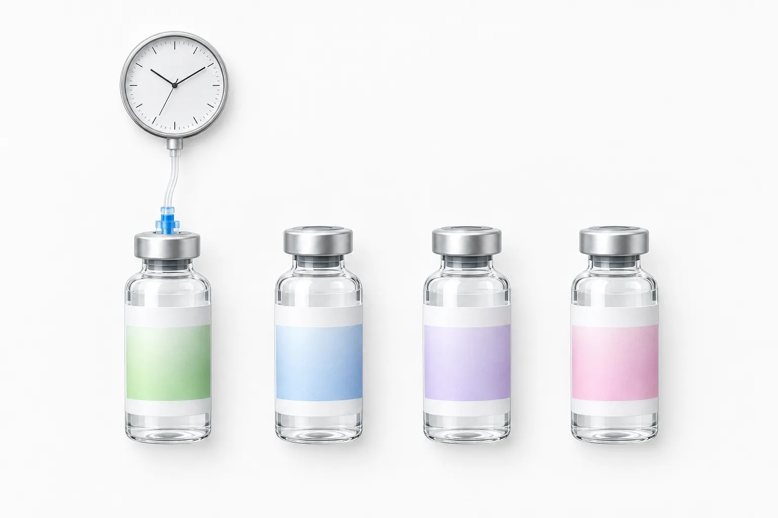 Illustration of four peptide vials with only one connected to a timeline clock