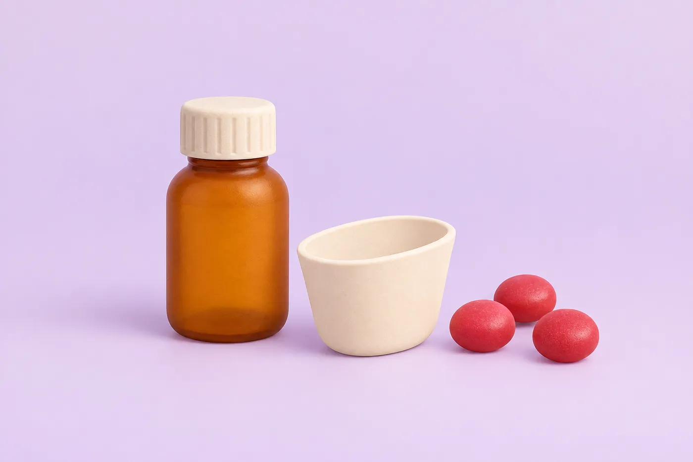 A medicine bottle and dosing cup beside red candies