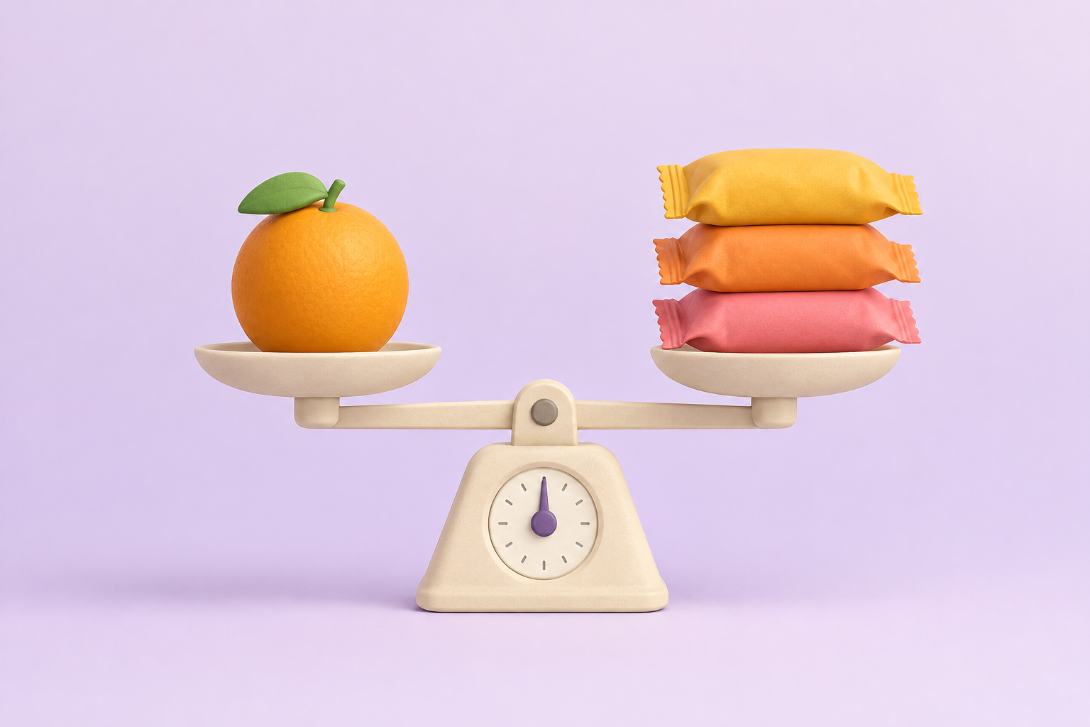 A weighing scale balanced against a stack of sealed snack packets