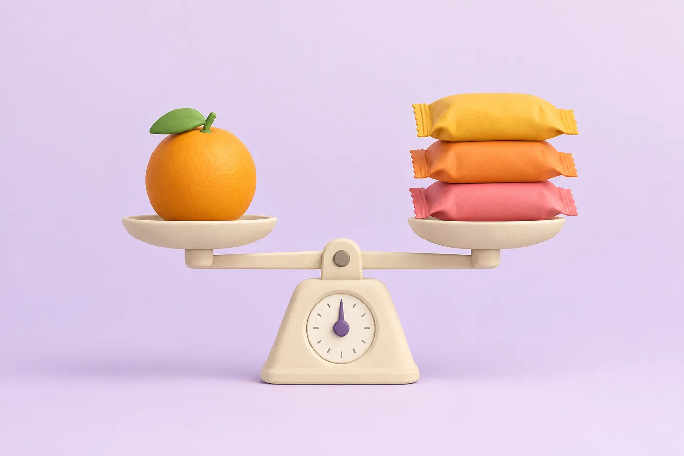A weighing scale balanced against a stack of sealed snack packets