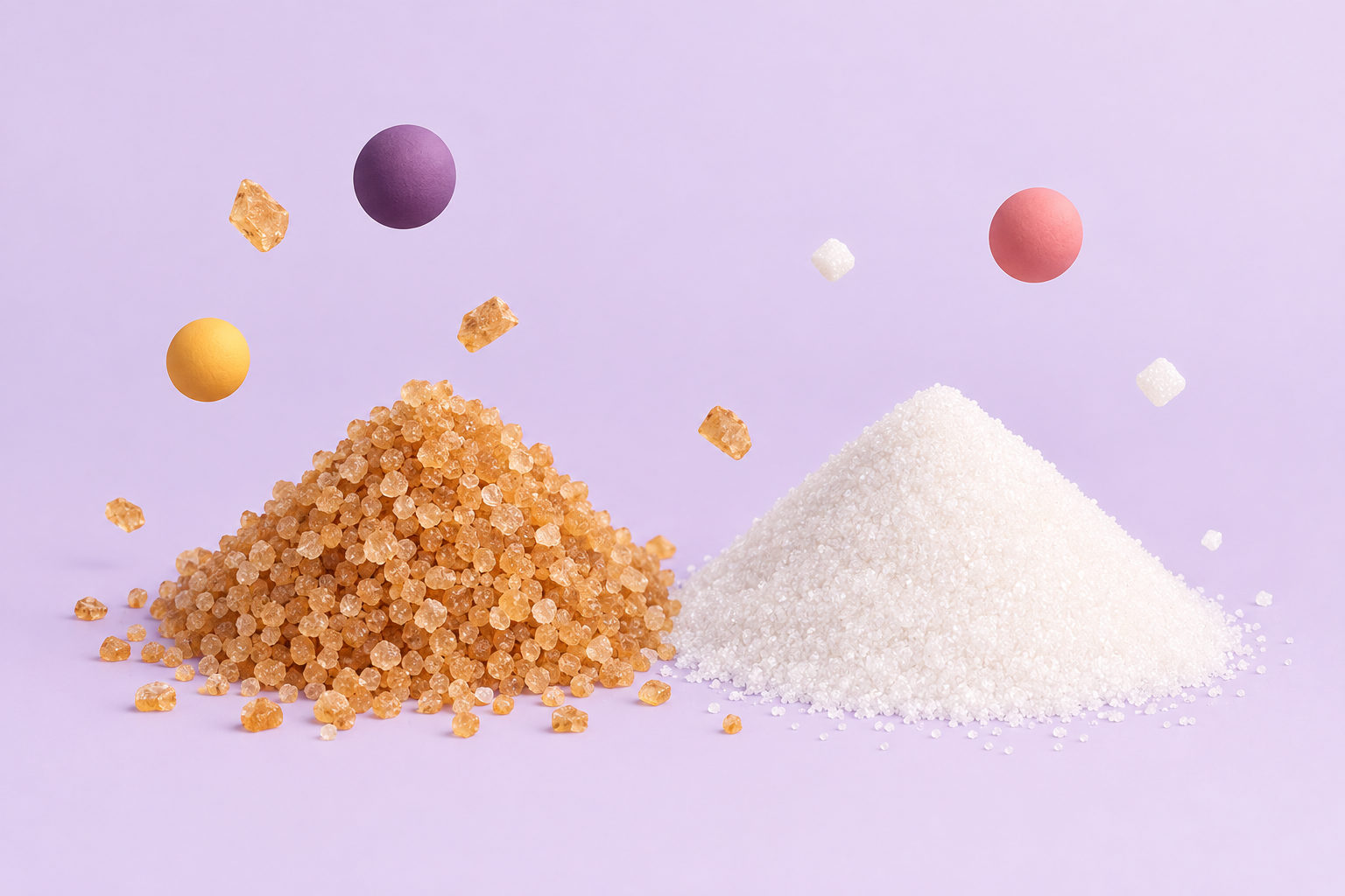 Raw brown cane sugar crystals next to refined white sugar crystals