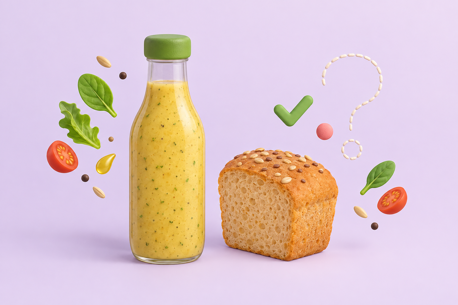 A dressing bottle and bread loaf with a faint thread outline suggesting an open research question