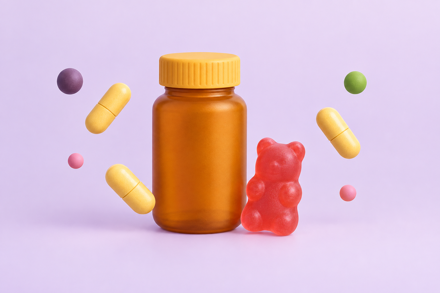 An amber bottle and capsules on a lavender background
