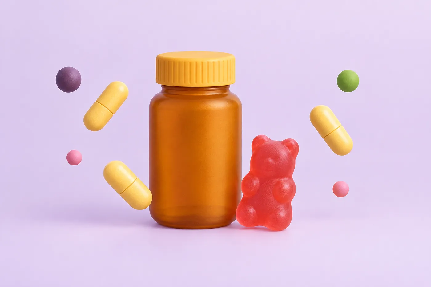 An amber bottle and capsules on a lavender background