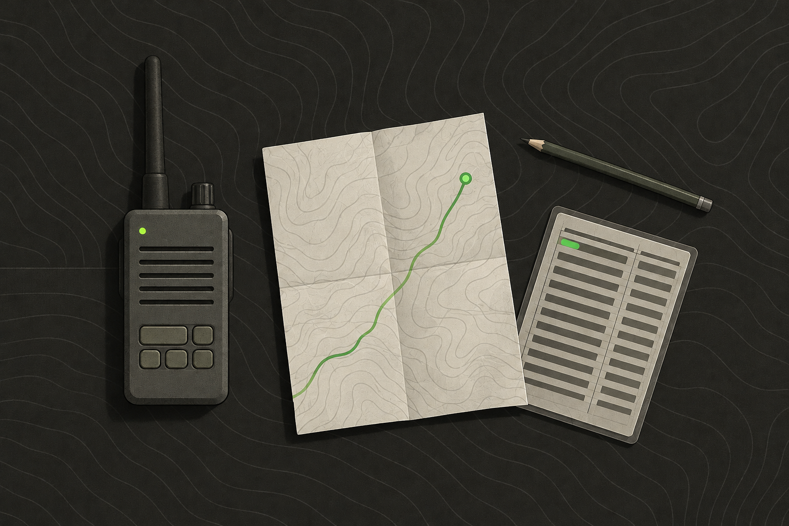 A handheld radio resting on a folded paper map next to a laminated frequency card