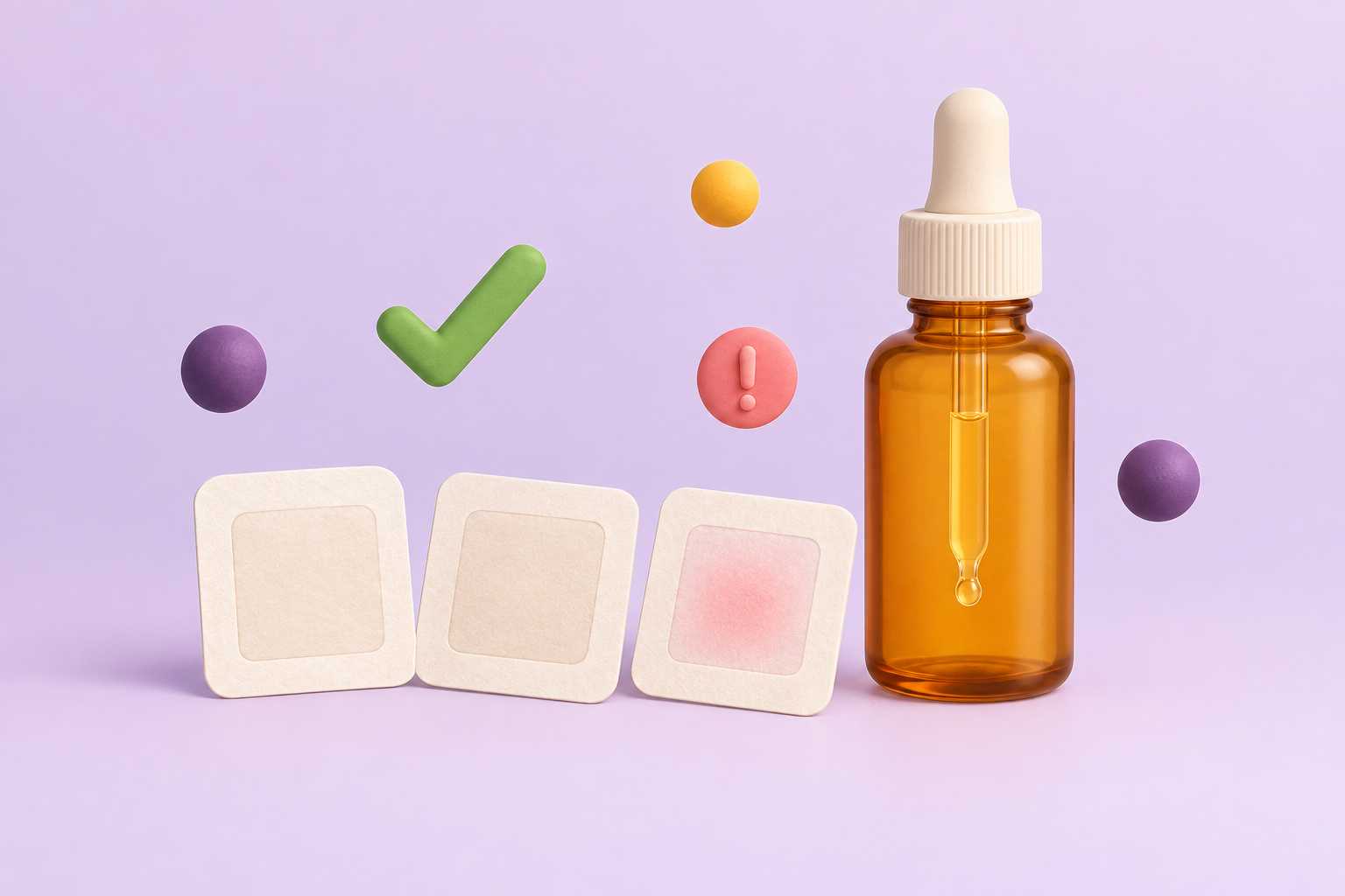 Three patch-test tiles, one showing a faint pink reaction, beside an amber dropper bottle