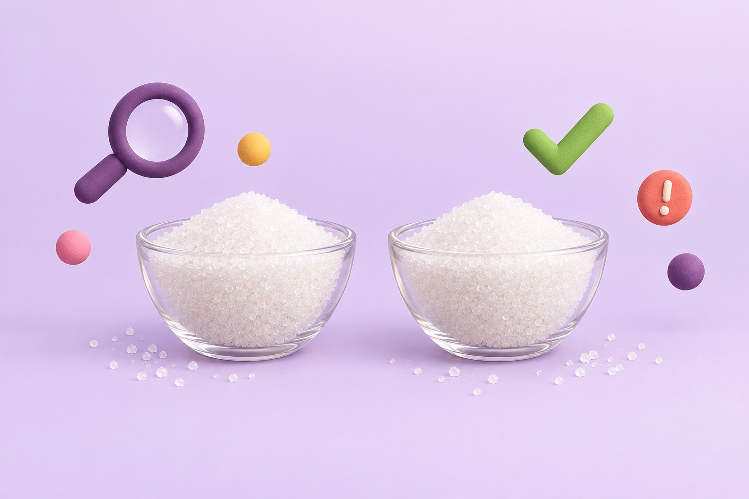 Two identical looking bowls of white sugar crystals side by side