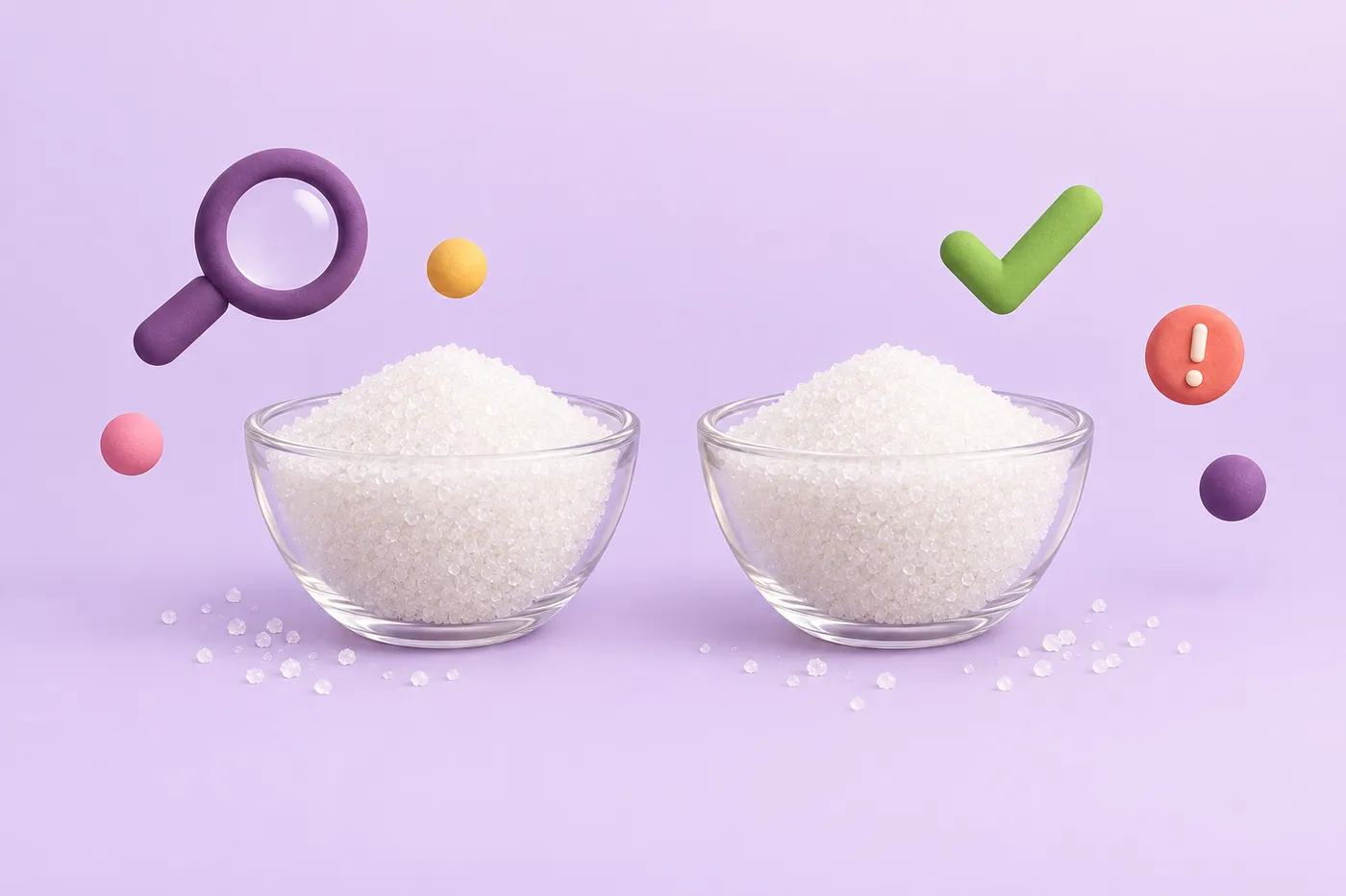 Two identical looking bowls of white sugar crystals side by side