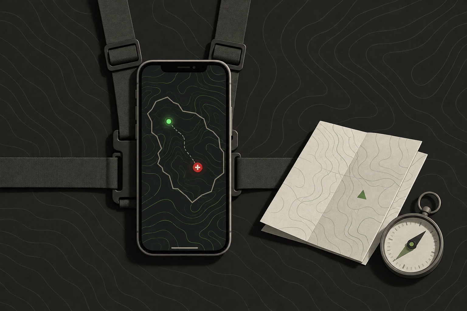 A phone on a chest rig showing an injured status marker and a boundary line on a shared map