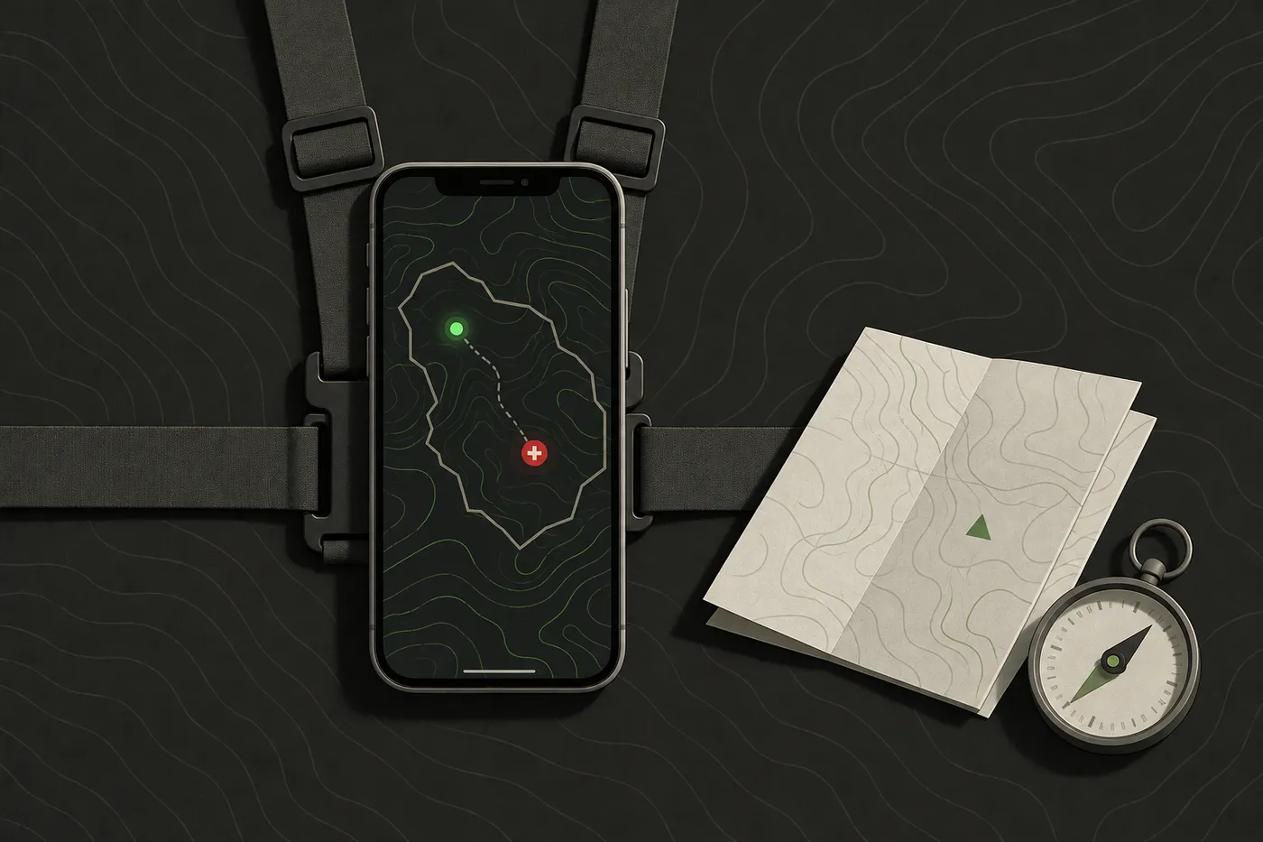 A phone on a chest rig showing an injured status marker and a boundary line on a shared map