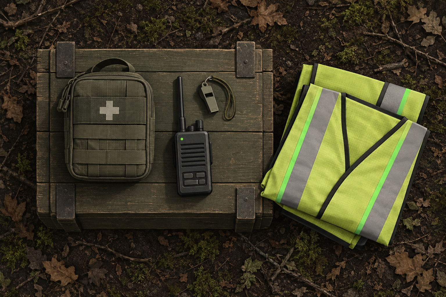 A first-aid kit on a crate next to folded hi-vis marshal vests, a whistle and a radio