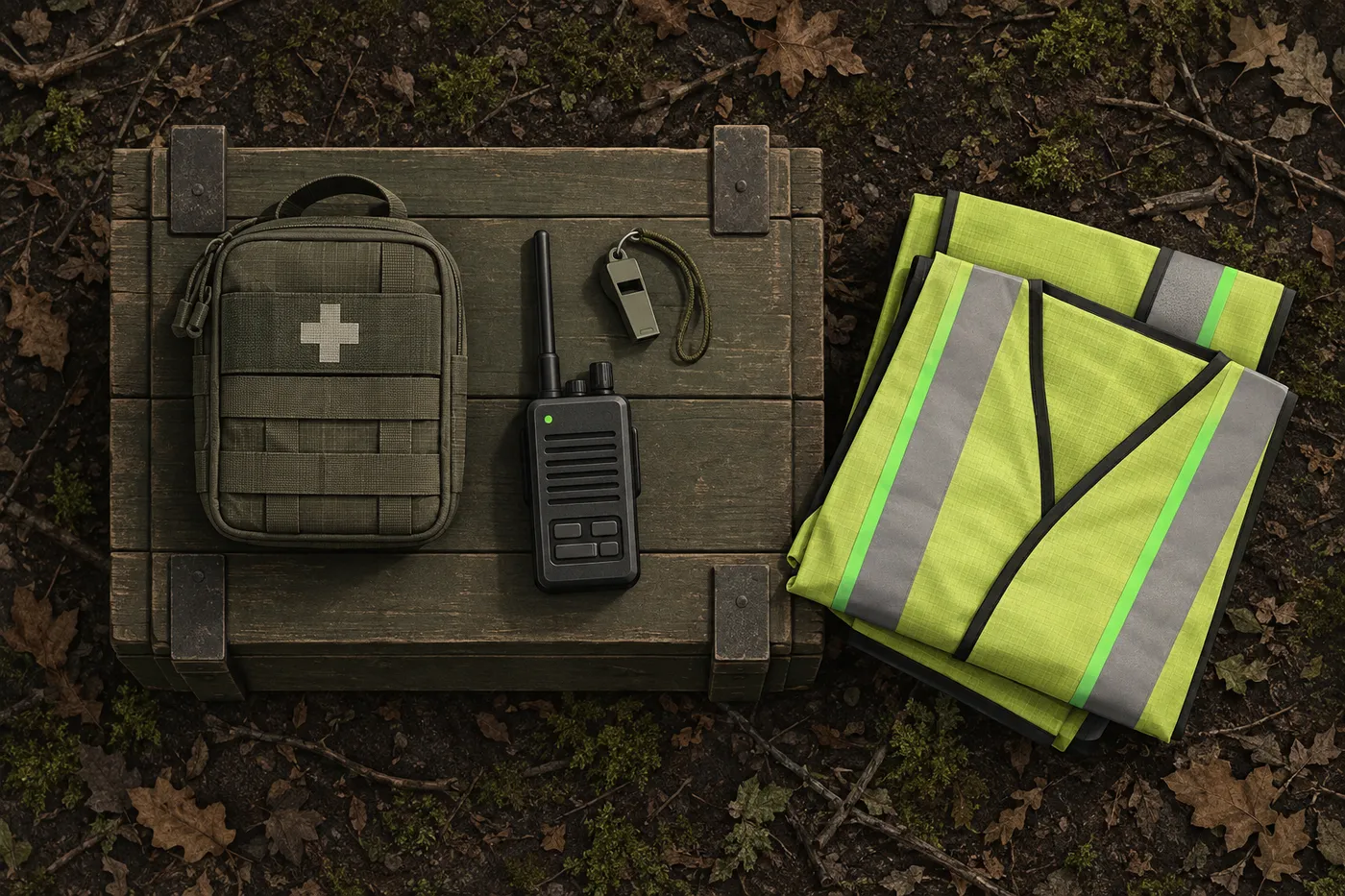 A first-aid kit on a crate next to folded hi-vis marshal vests, a whistle and a radio