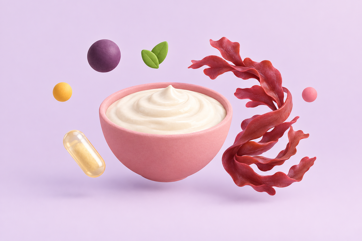 A bowl of plant-based yogurt beside a strand of red seaweed and a stabilizer capsule